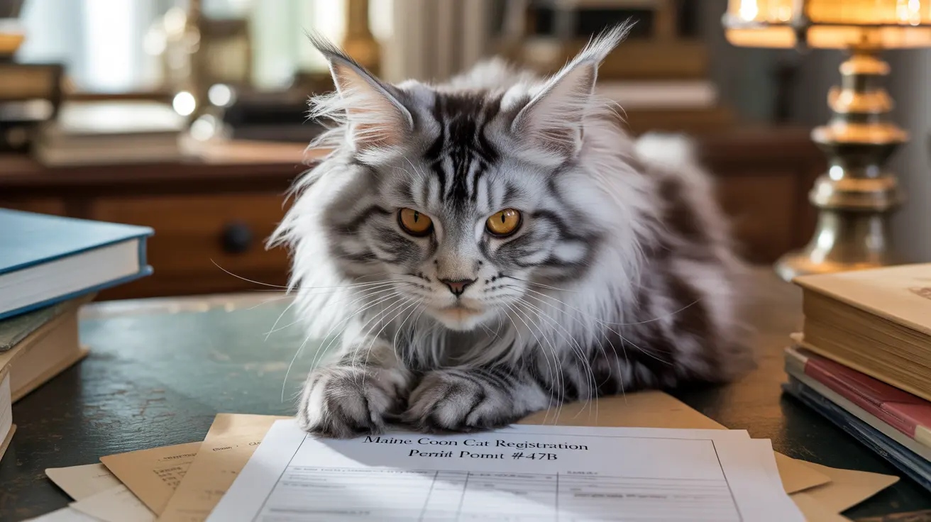 A majestic Maine Coon cat on a registration document with books in warm lighting