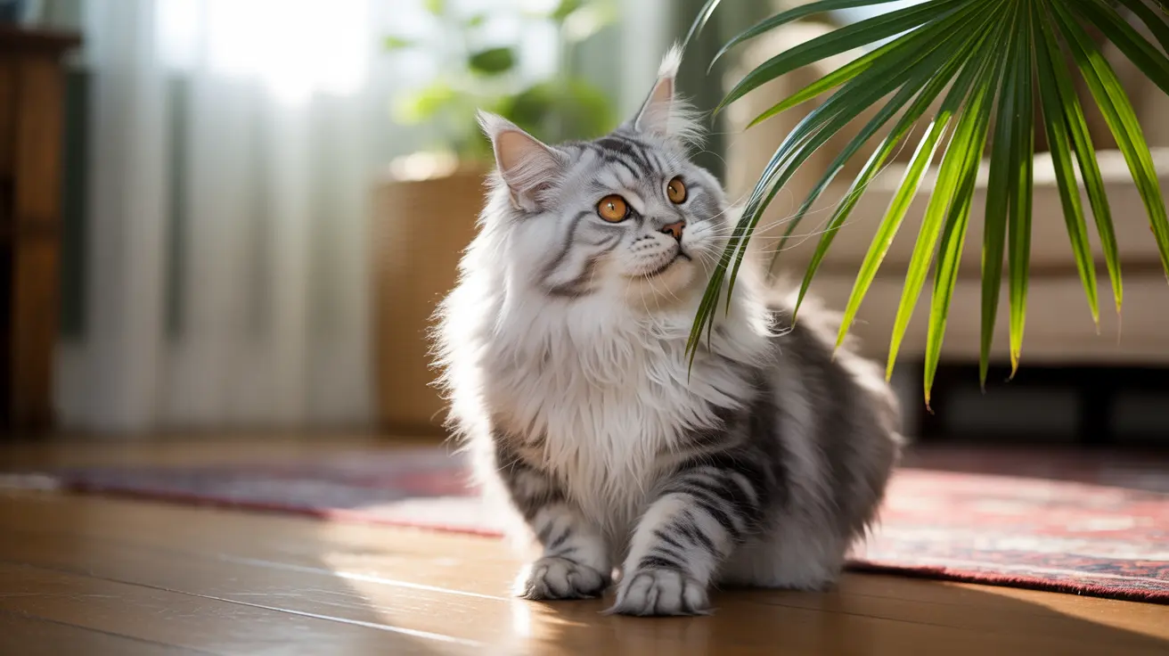 A majestic white and gray Maine Coon cat sitting elegantly on a patterned rug near a green palm leaf