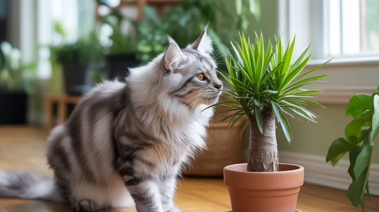 Fluffy Maine Coon cat sitting beside a potted palm plant on wooden floor indoors