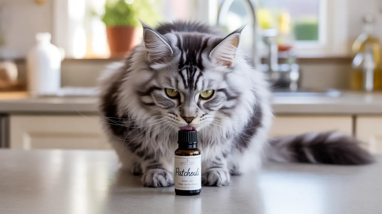 Fluffy gray and white Maine Coon cat sitting near a patchouli essential oil bottle on a kitchen counter