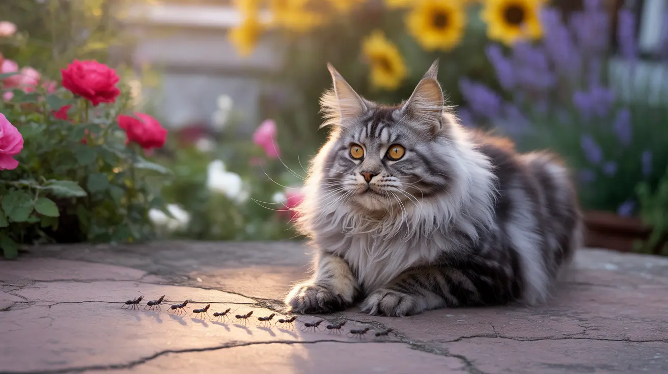 Fluffy Maine Coon cat sitting on a stone patio with ants crawling nearby among colorful flowers and sunlight
