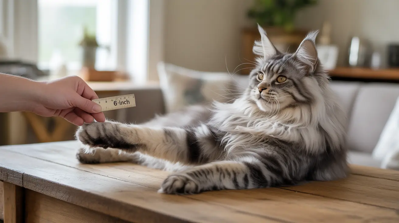 A majestic Maine Coon cat being measured with a ruler while lounging on a wooden surface