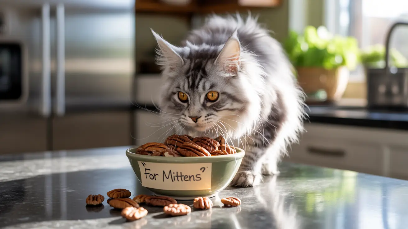 A fluffy Maine Coon cat sitting next to a bowl of pecans labeled 'For Mittens'