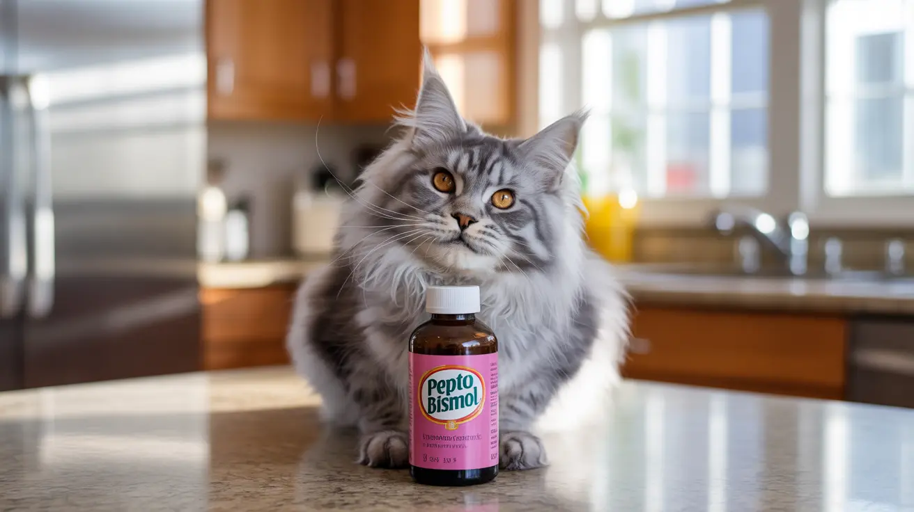 A large fluffy gray Maine Coon cat sitting next to a bottle of Pepto Bismol on a kitchen counter