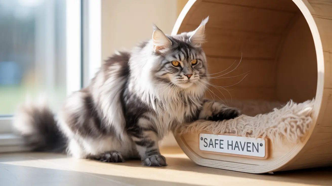 Un gato Maine Coon gris y blanco esponjoso sentado junto a una cama para mascotas de madera curvada marcada 'Refugio Seguro'.
