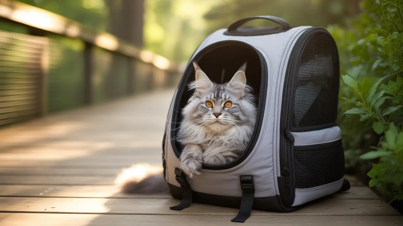 A majestic Maine Coon cat sitting inside a white and gray pet carrier with a mesh window