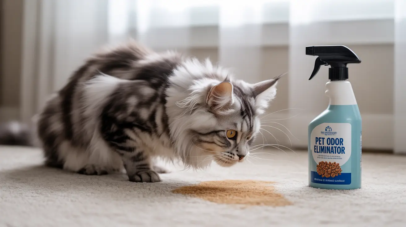 A fluffy black and white Maine Coon cat next to a pet odor eliminator spray with a stain on the carpet