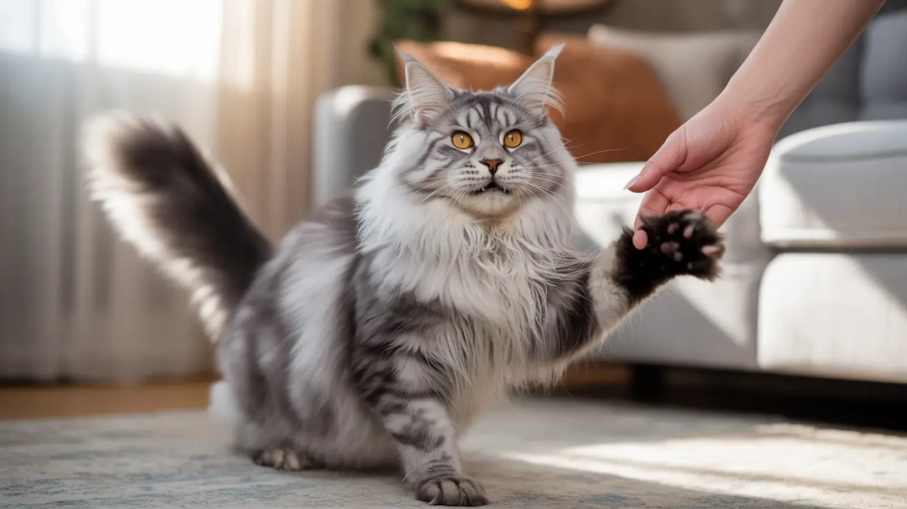 A majestic Maine Coon cat sitting on a rug with a hand reaching towards its paw