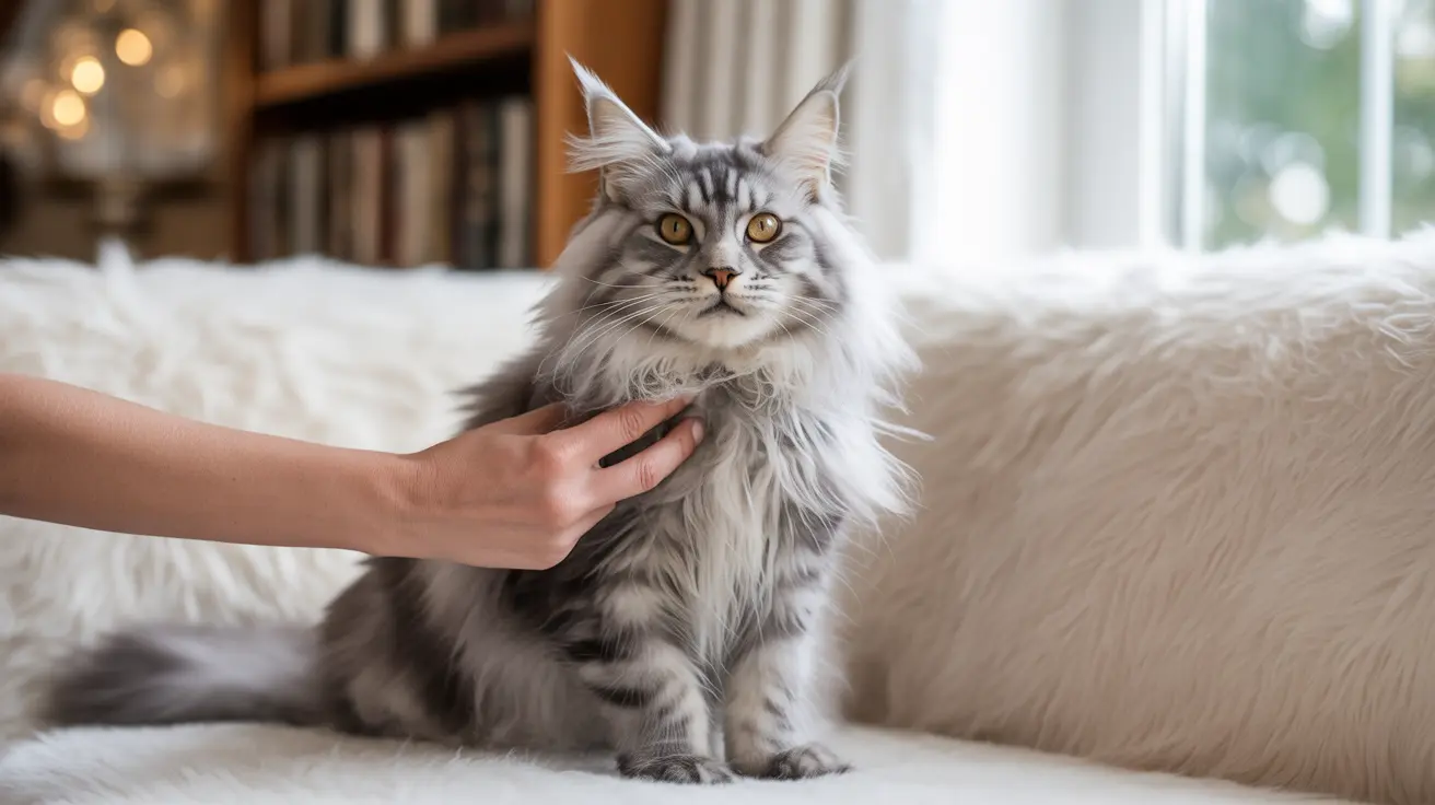 柔らかい白い表面に座っている堂々とした灰色と白のメインクーンの猫で、胸を優しく撫でられている
