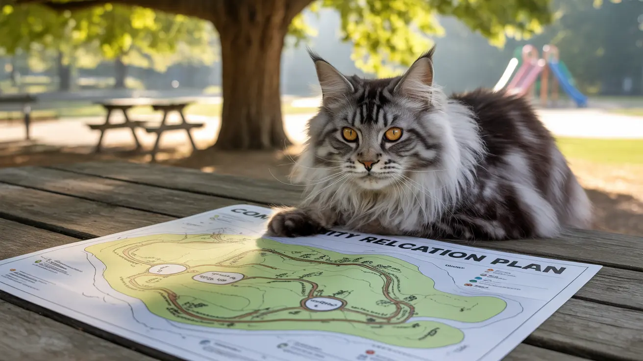 A large Maine Coon cat sitting on a wooden picnic table next to a city relocation plan map in a park setting