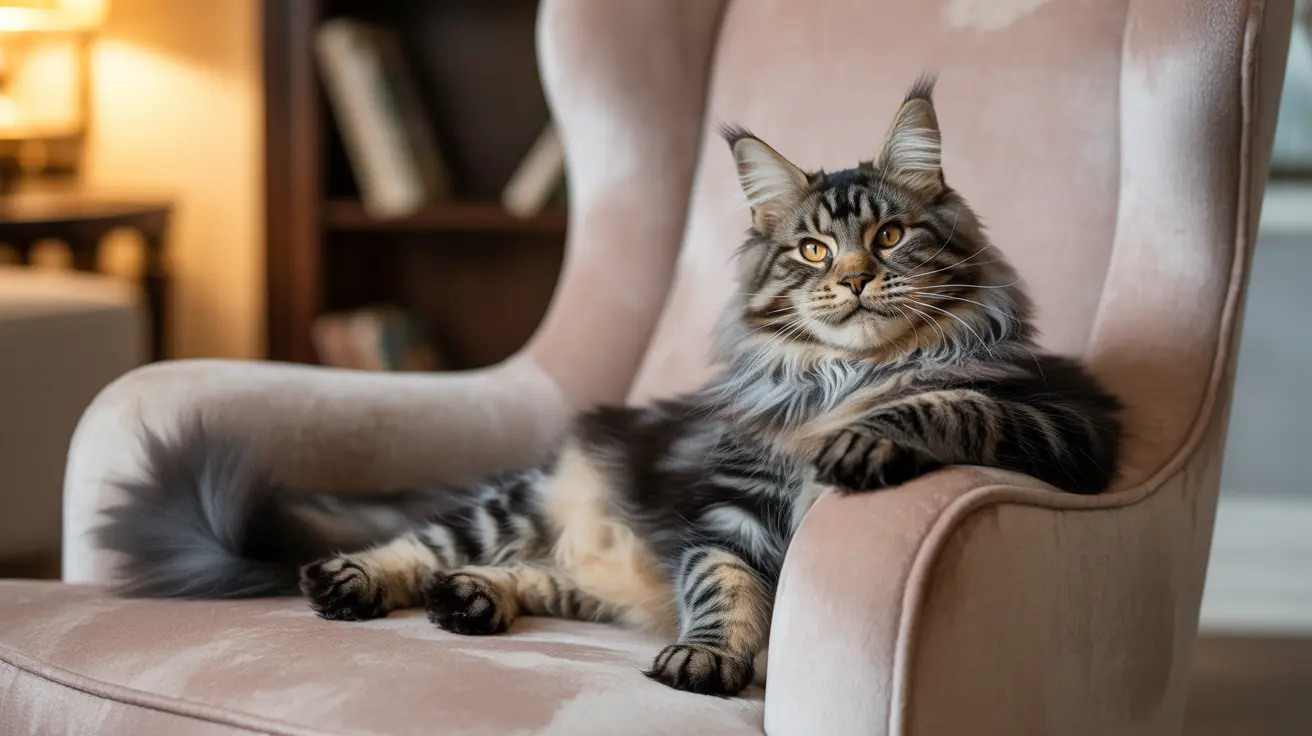 Un majestueux chat Maine Coon se prélassant confortablement sur un fauteuil rose doux