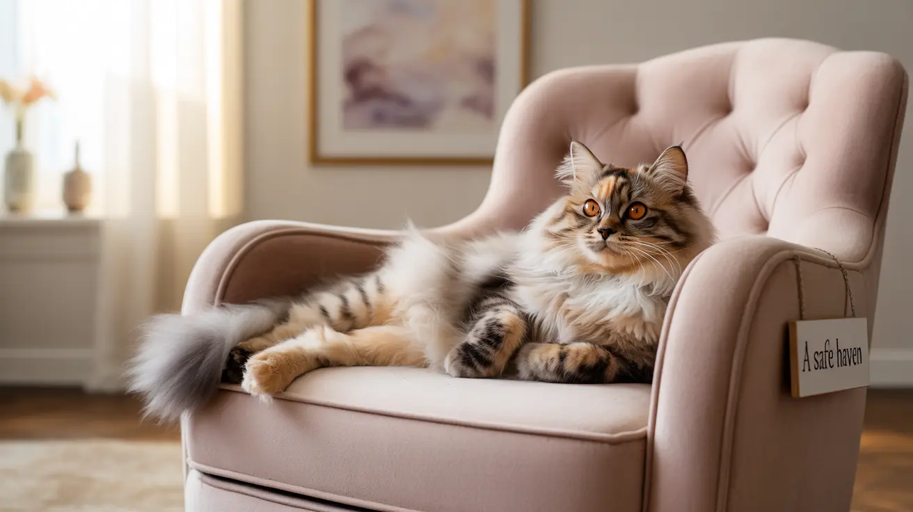 A fluffy Maine Coon cat lounging on a soft pink armchair in a cozy setting