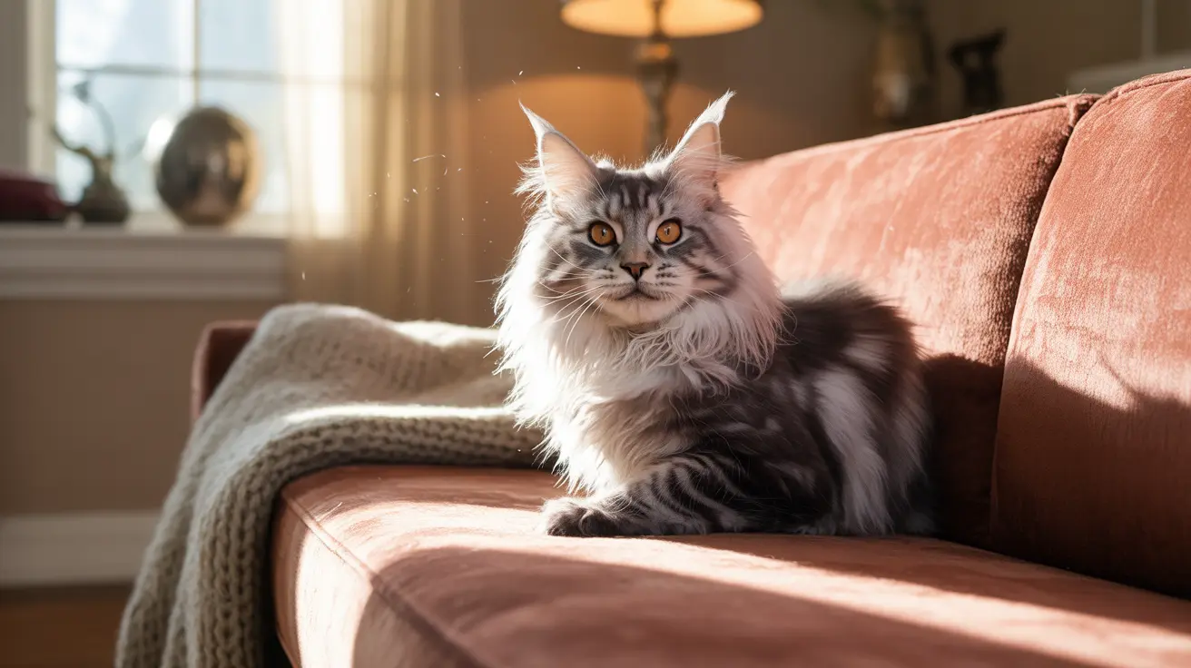 A majestic Maine Coon cat sitting regally on a pink velvet couch with a knitted blanket