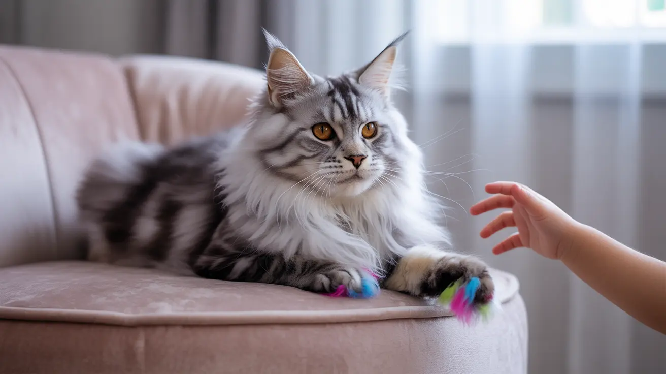 Majestic Maine Coon cat sitting regally on a soft pink couch with colorful feather toy nearby