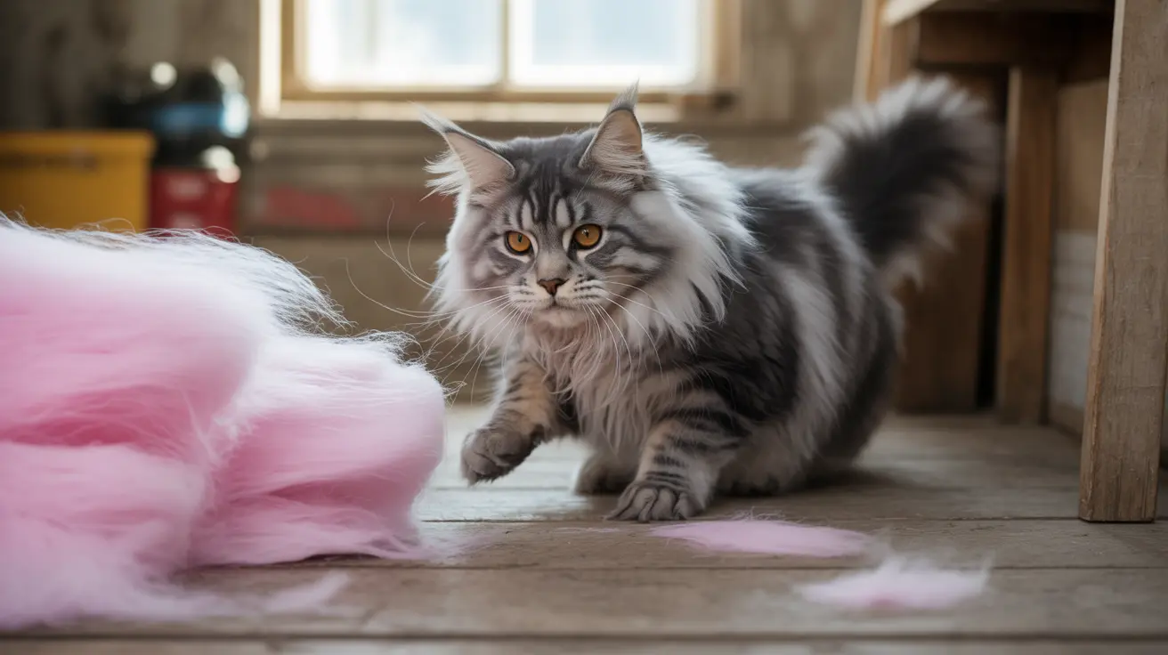 A fluffy Maine Coon cat sitting near pink fabric on a wooden floor