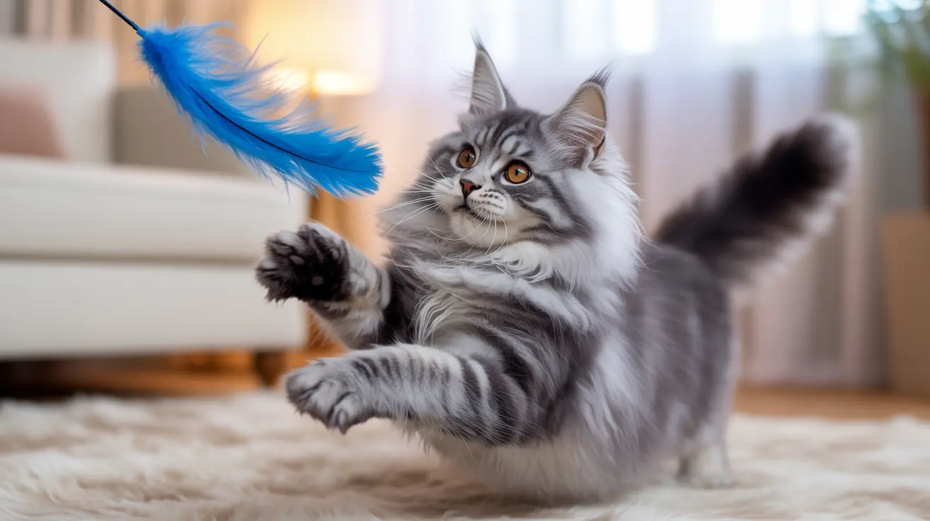 Maine Coon cat reaching to catch blue feather toy indoors