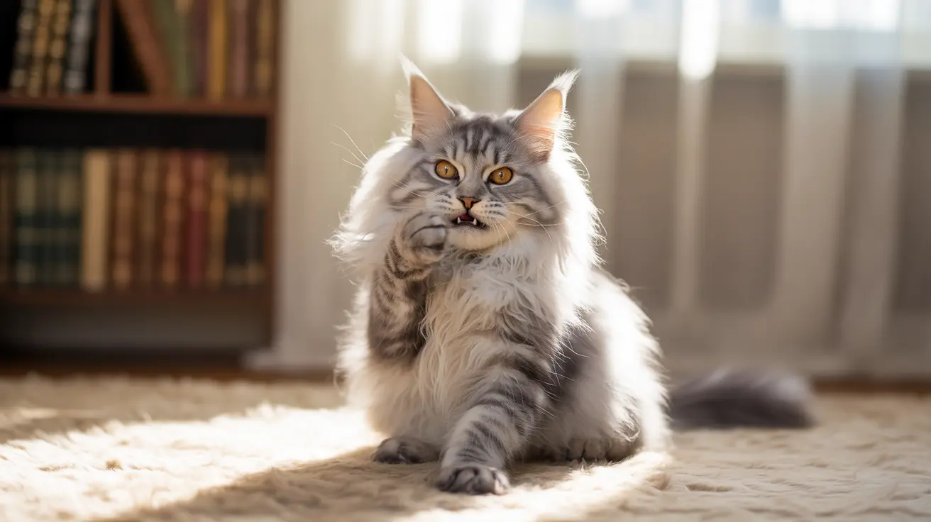 A fluffy gray and white Maine Coon cat sitting on a carpet with a playful expression