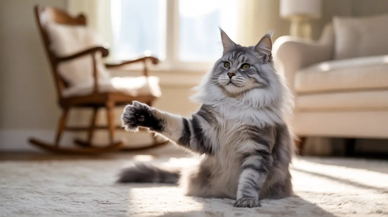 A large, fluffy gray and white Maine Coon cat sitting on a carpet, raising one paw playfully