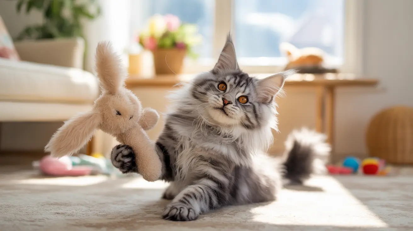 Fluffy gray Maine Coon cat playing with a stuffed bunny toy on a soft carpet near a bright window