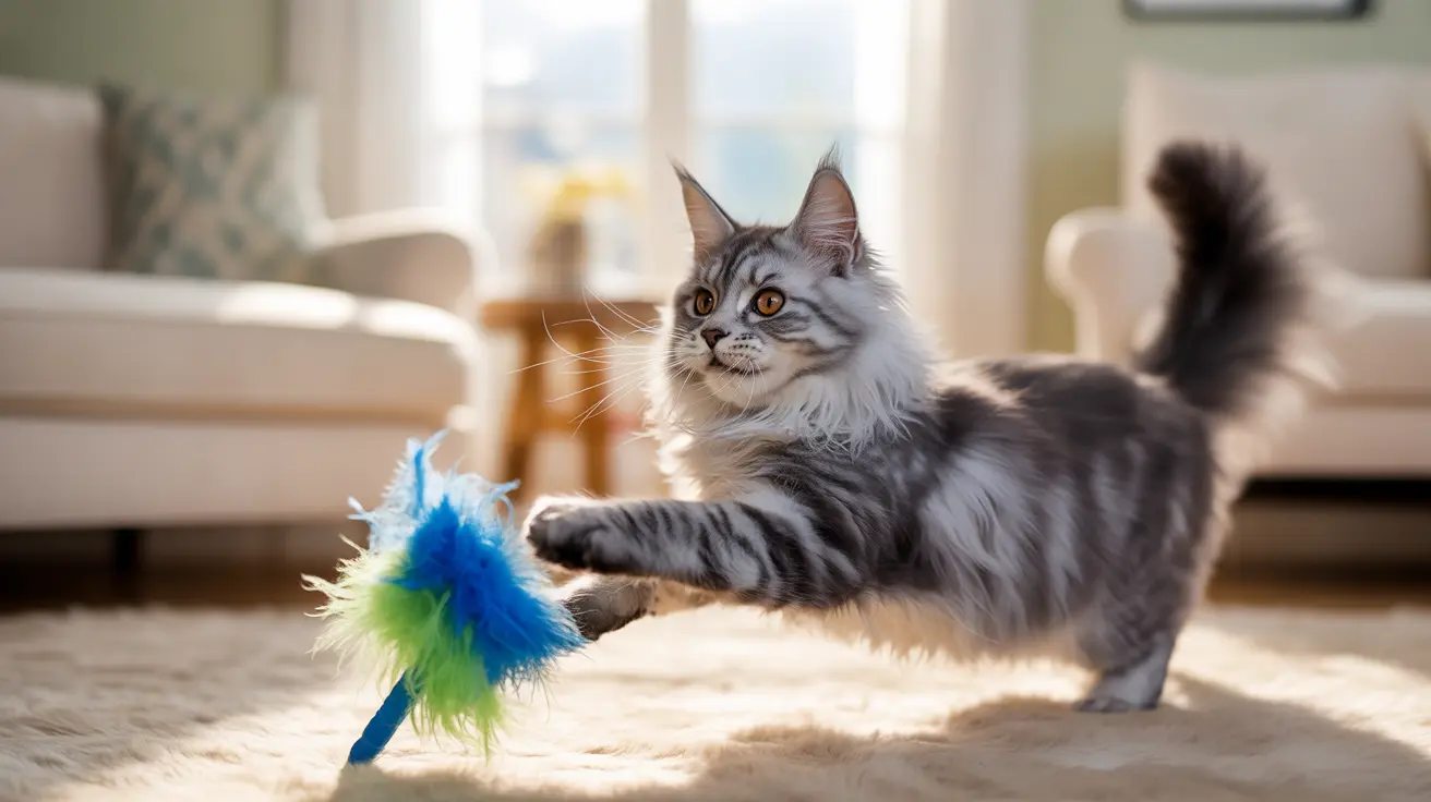 Fluffy gray and white Maine Coon cat playing with a blue and green feather toy on a carpeted floor near a sunlit window
