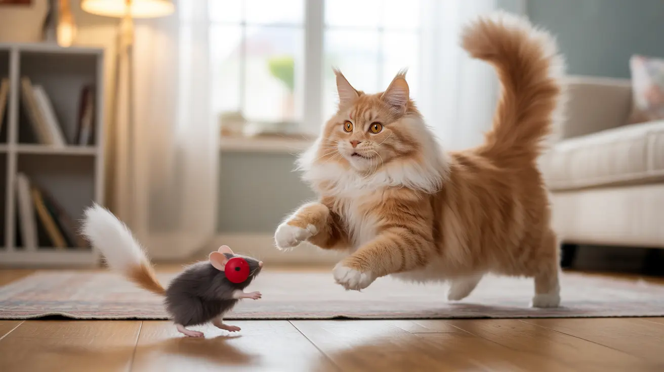 Fluffy orange and white Maine Coon cat playfully engaging with a small gray mouse toy in a cozy living room