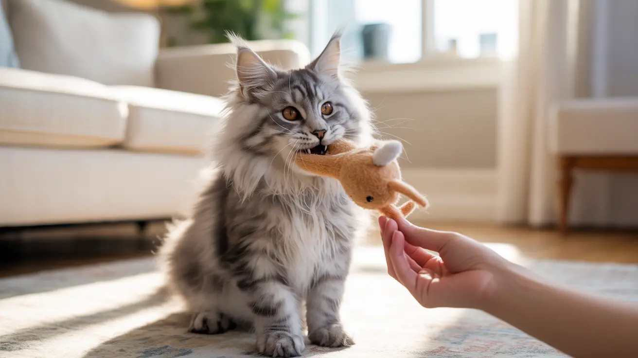 A fluffy gray and white Maine Coon cat playing with a small stuffed toy on a patterned rug