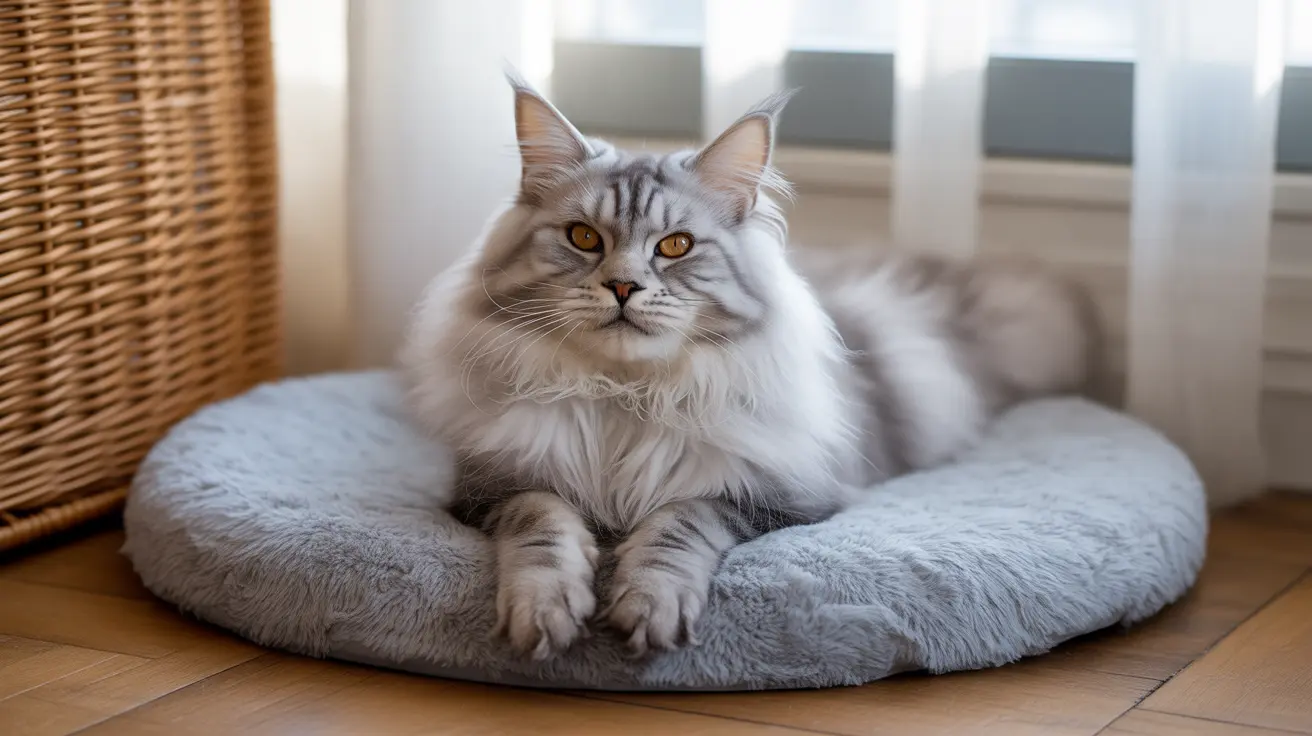 A majestic gray and white Maine Coon cat on a plush gray pet bed