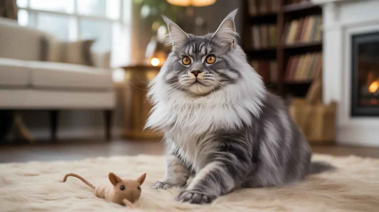 Majestic Maine Coon cat sitting on a plush rug with a small mouse toy nearby