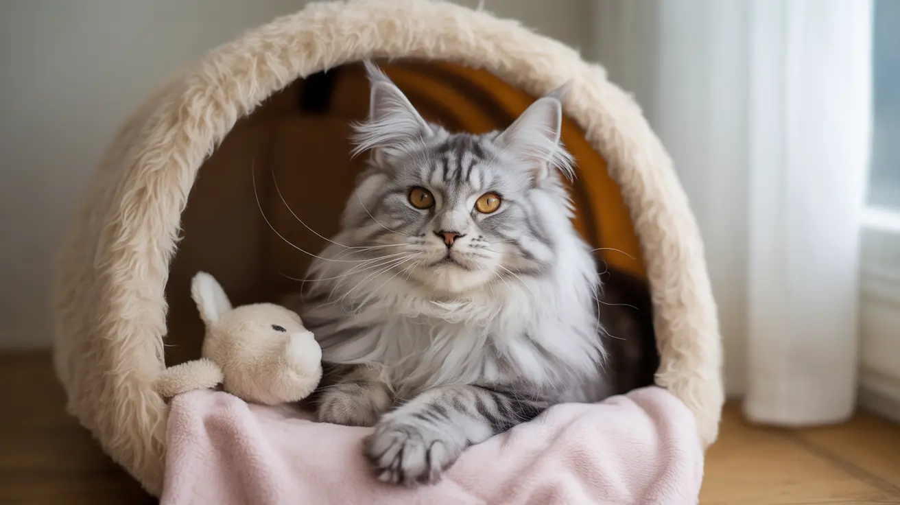 A majestic Maine Coon cat sitting comfortably in a fluffy, cream-colored cat bed with a small plush toy.