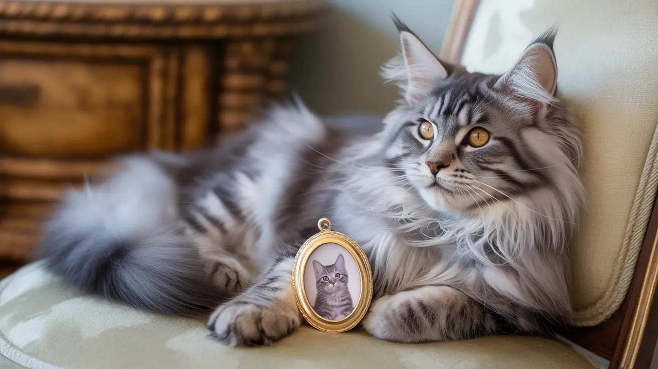 Majestic Maine Coon cat resting beside a golden-framed portrait of itself as a kitten