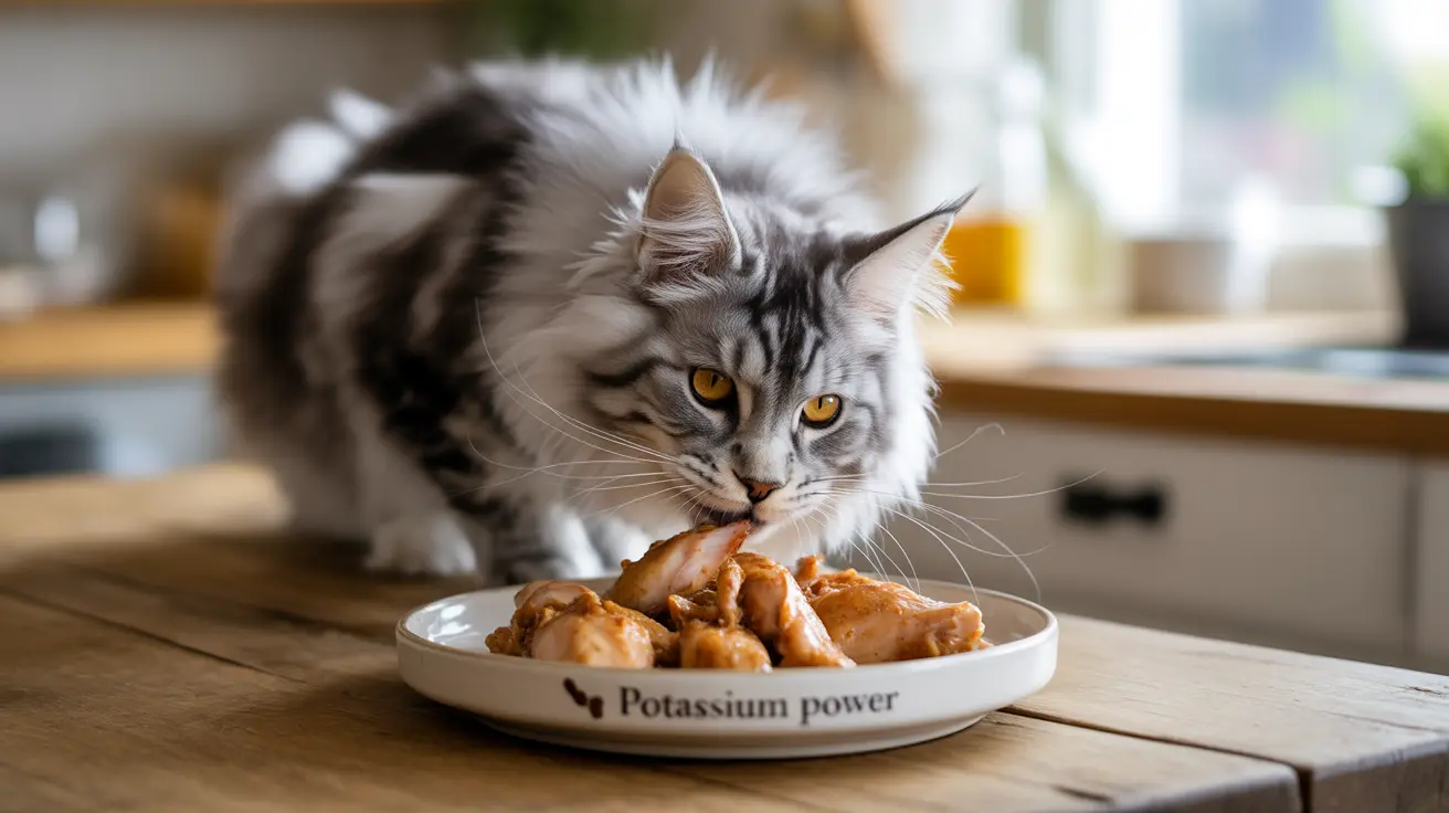 A fluffy Maine Coon cat eating meat from a plate labeled Potassium power