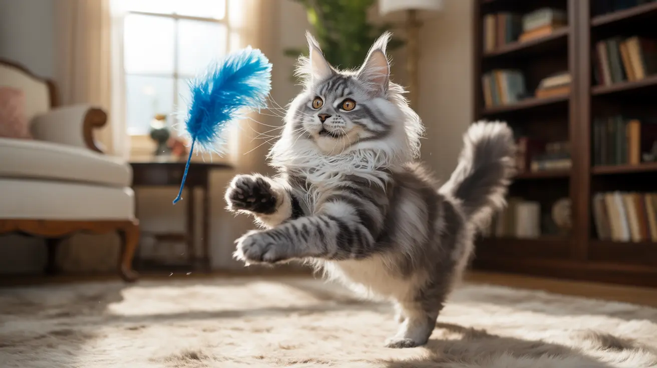 Maine Coon cat playing with blue feather toy in sunlit living room