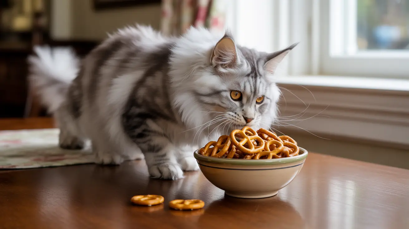 A fluffy white and gray Maine Coon cat sitting next to a bowl of pretzels on a wooden table near a window