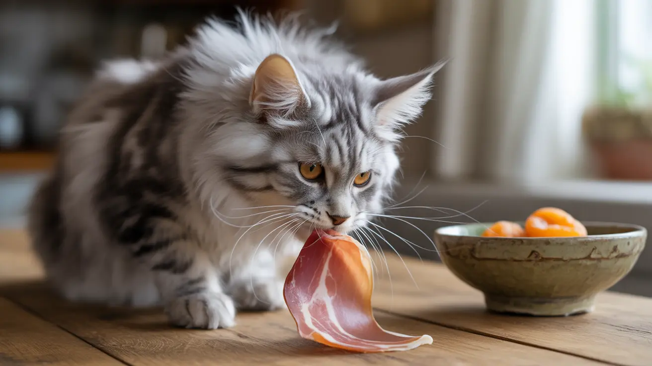 A fluffy Maine Coon cat eating a slice of ham or prosciutto from a wooden surface