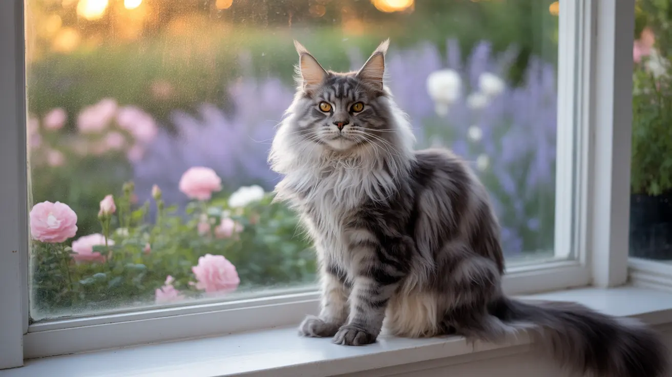 A majestic Maine Coon cat sitting elegantly on a windowsill with a garden of pink roses and lavender in the background