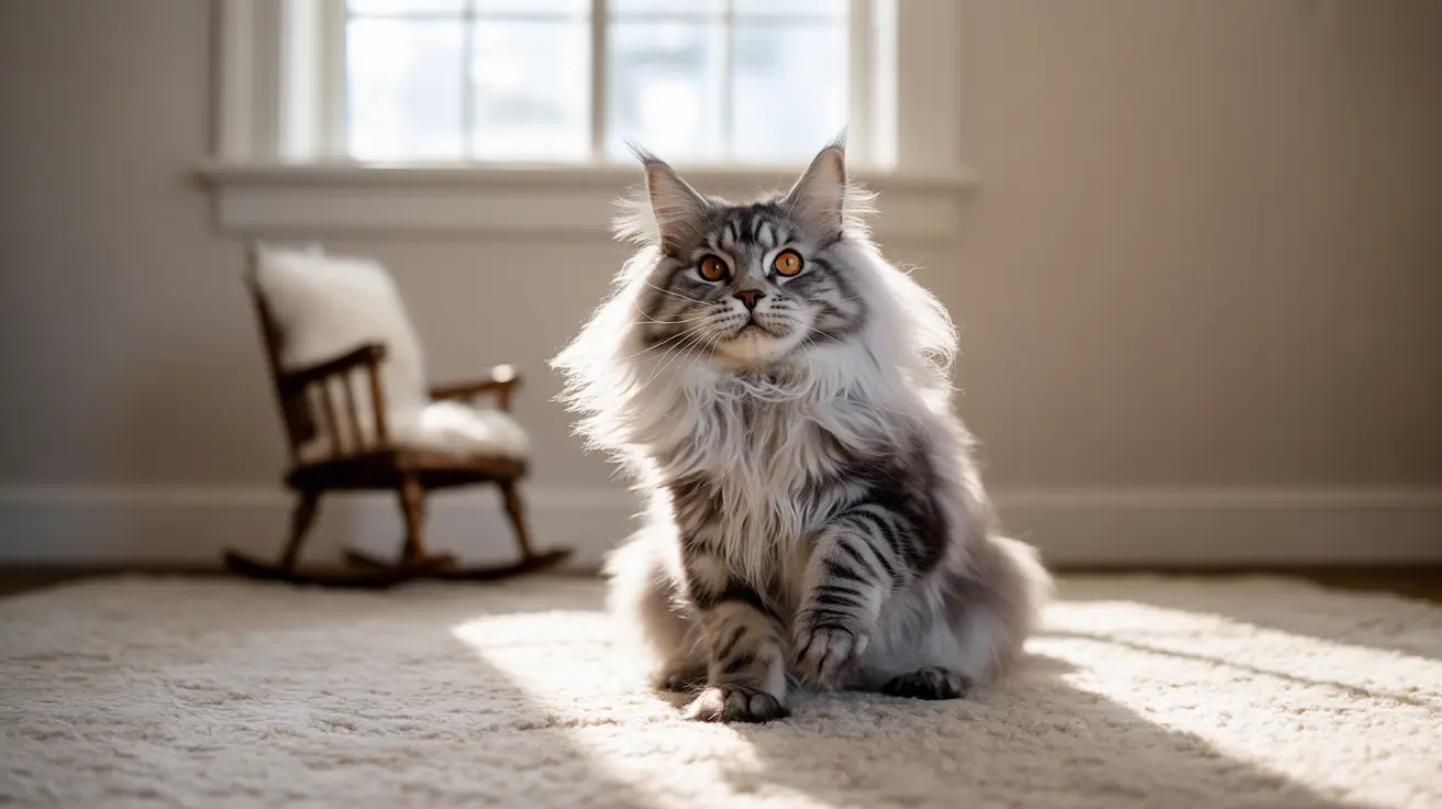 A majestic Maine Coon cat sitting regally on a carpet near a window, bathed in soft sunlight.