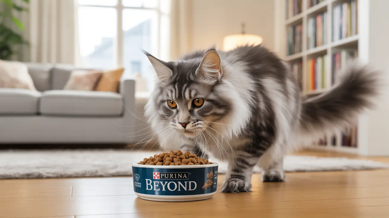 Large fluffy Maine Coon cat standing beside a bowl of Purina Beyond cat food in a modern living room
