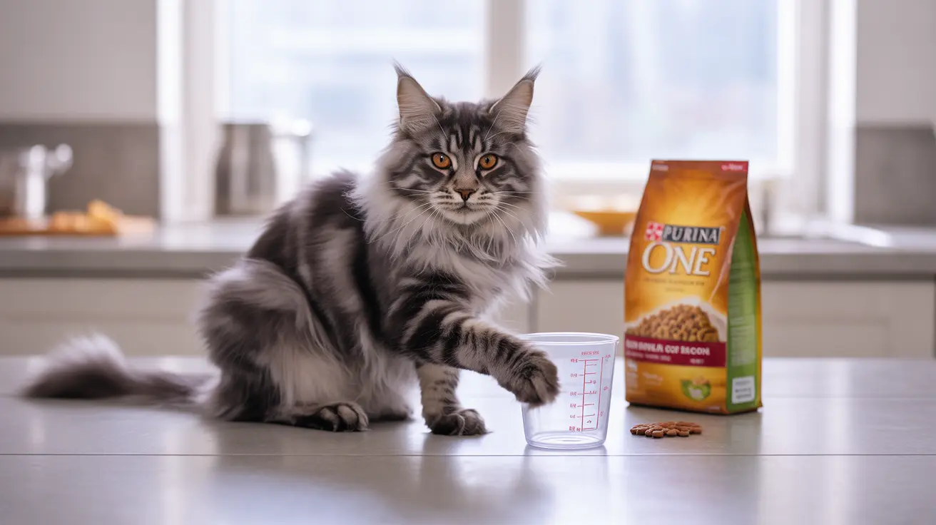 A fluffy Maine Coon cat sits near a measuring cup and a bag of Purina One cat food on a kitchen counter.