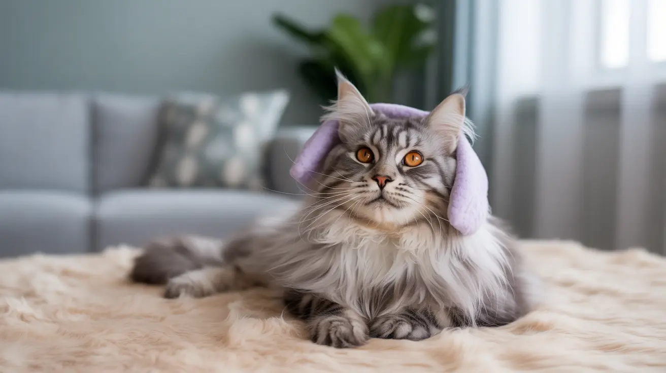 紫色のウサギの耳アクセサリーを付けた長毛のメインクーン猫が、柔らかいベージュの毛布の上に優雅に座っている様子