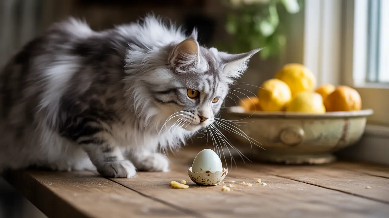 Un gato Maine Coon esponjoso examinando un huevo agrietado sobre una superficie de madera cerca de un cuenco de limones