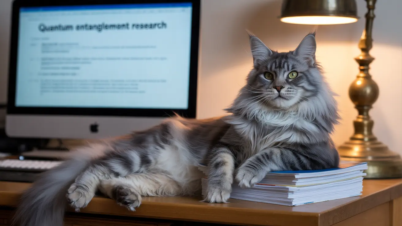 A fluffy gray and white Maine Coon cat sitting on a desk next to a computer screen displaying 'Quantum entanglement research'