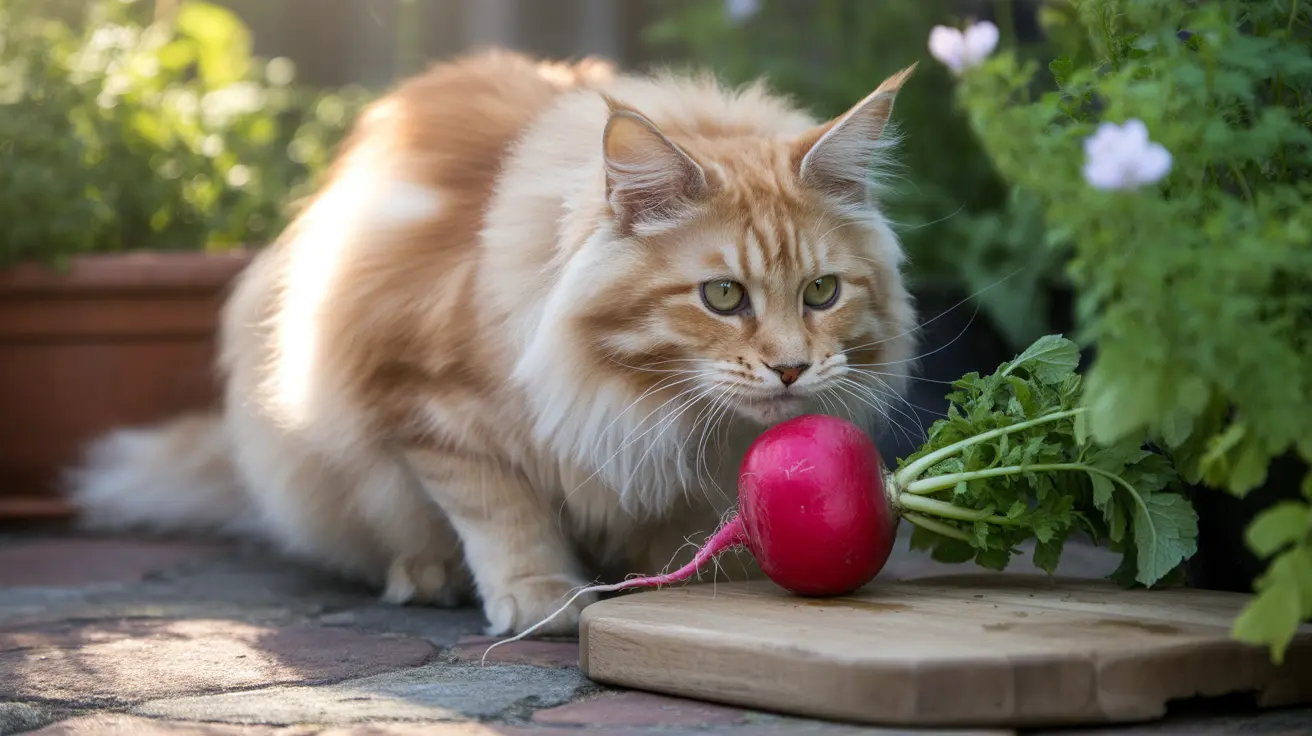 A fluffy cream and orange Maine Coon cat sitting next to a bright red radish on a wooden cutting board in a garden setting