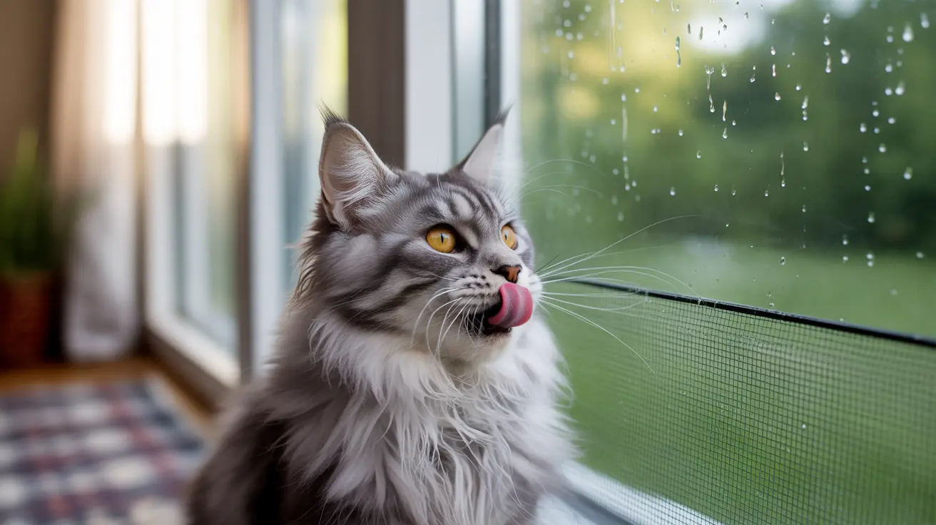 A fluffy gray and white Maine Coon cat sitting by a window on a rainy day with its tongue playfully sticking out