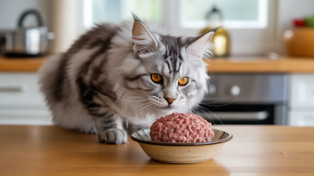 Un gato Maine Coon plateado y blanco está sentado junto a un tazón de carne molida cruda en una cocina.