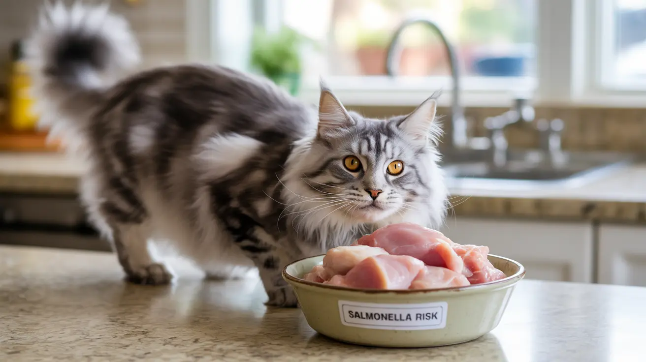 A Maine Coon cat looking intently at a bowl of raw meat labeled 'Salmonella Risk'