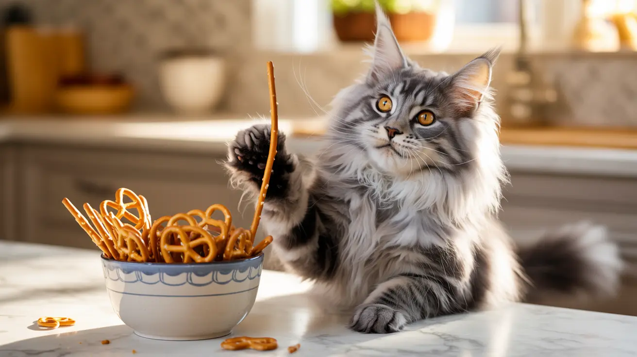 A fluffy gray and white Maine Coon cat playfully reaching for a pretzel near a bowl of pretzels on a marble countertop