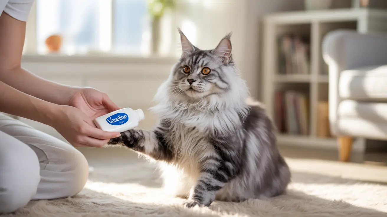 明るい日差しが差し込むリビングルームで、灰色と白のふわふわのメインクーンの猫が人の手からワセリンを受け取っている様子
