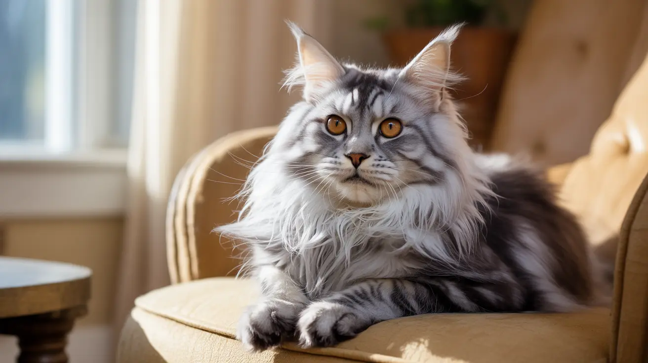 Fluffy silver tabby Maine Coon cat with amber eyes sitting on beige upholstered chair indoors