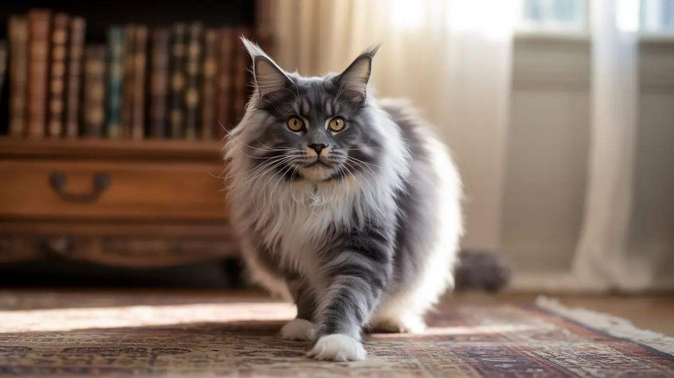 柄のあるラグの上に堂々と座る威厳のあるメインクーンの猫。本棚と窓が背景にある室内風景。
