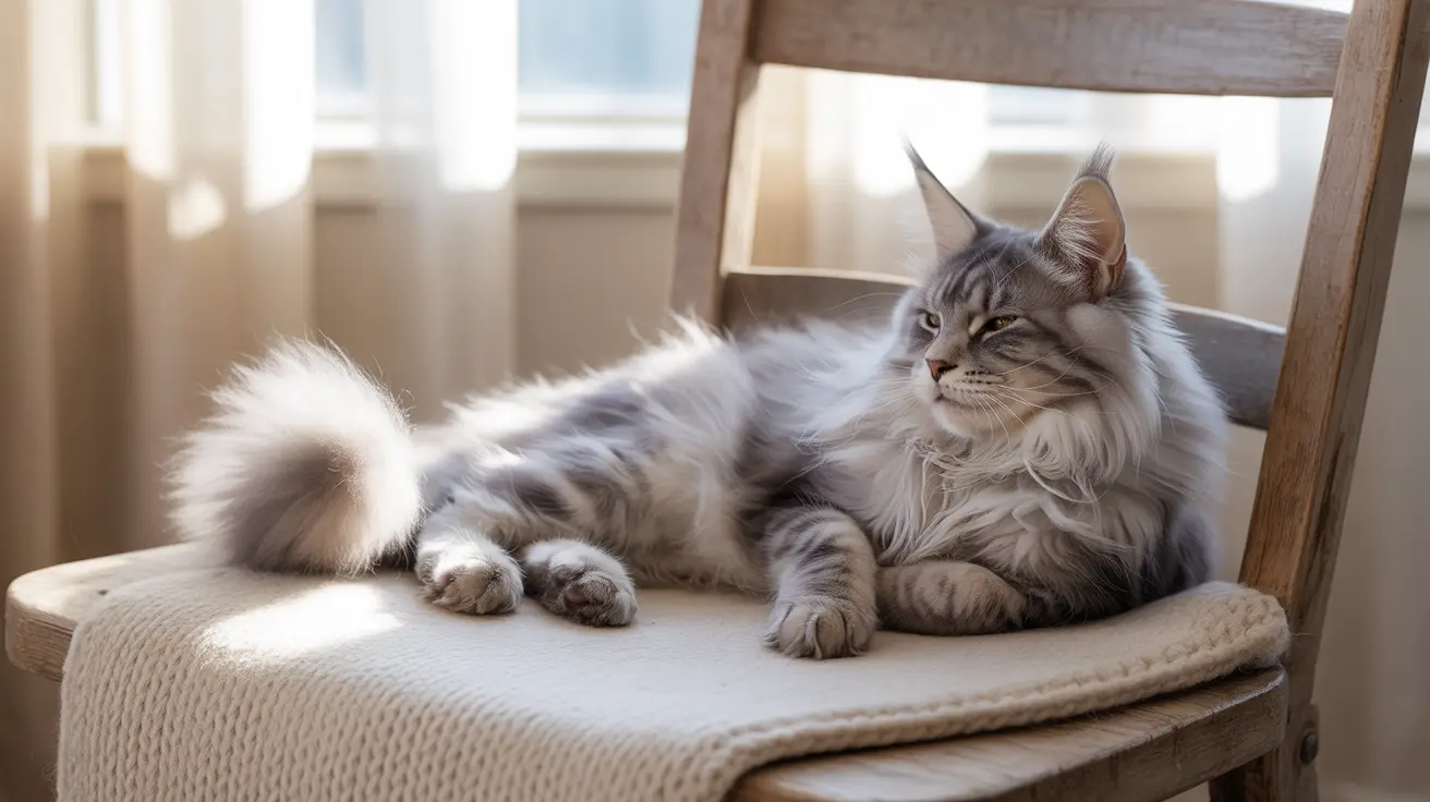 Fluffy gray and white Maine Coon cat resting on a wooden chair with cream cushion